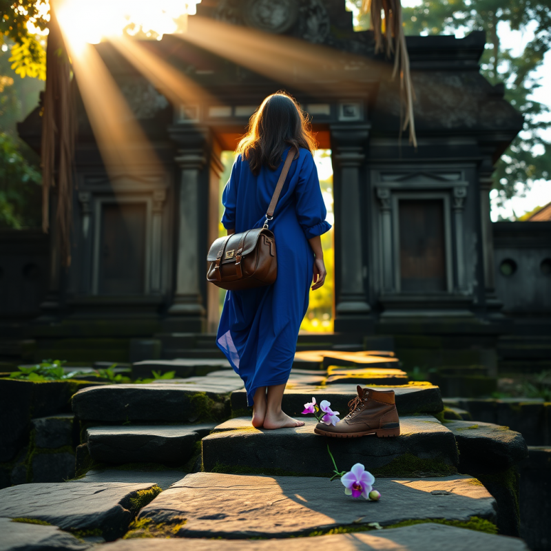 Lone Traveler in a Vibrant Indigo Kaftan Stands Barefoo...