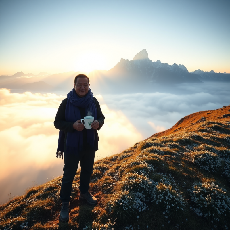 Lone Traveler in a Vibrant Indigo Scarf Stands Atop a M...