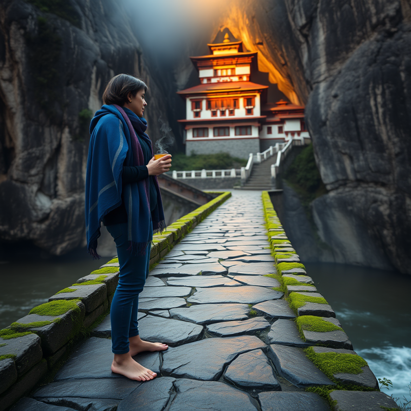 Lone Traveler in a Vibrant Indigo Scarf Stands Barefoot...
