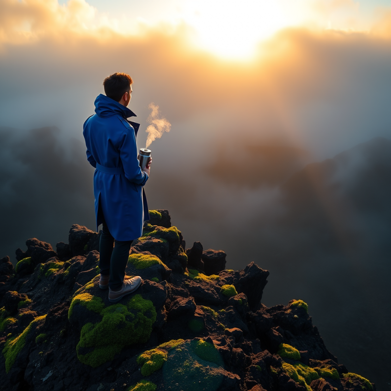 Lone Traveler in a Vibrant Indigo Trench Coat Stands At...