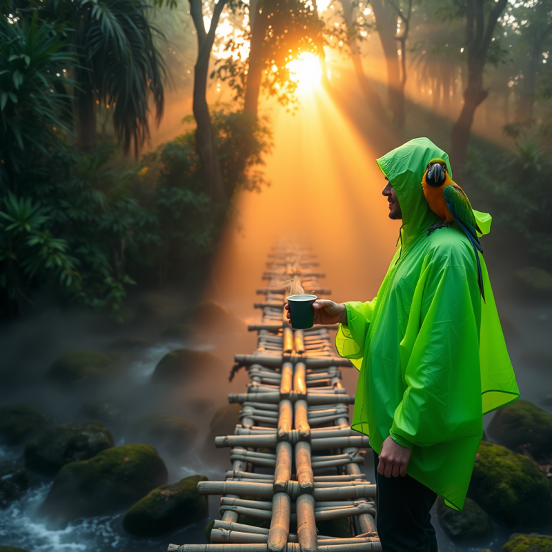 Lone Traveler in a Vibrant Neon-green Rain Poncho Balan...