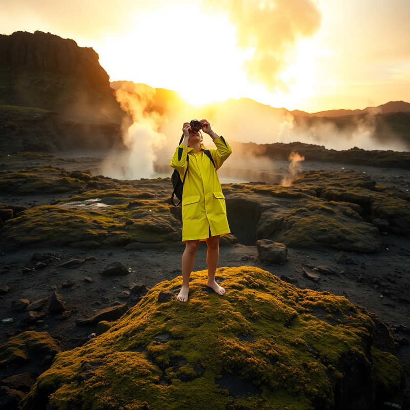 Lone Traveler in a Vibrant Neon-yellow Raincoat Stands ...