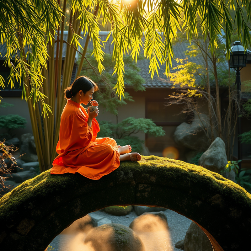 Lone Traveler in a Vibrant Orange Kaftan Sits Cross-leg...