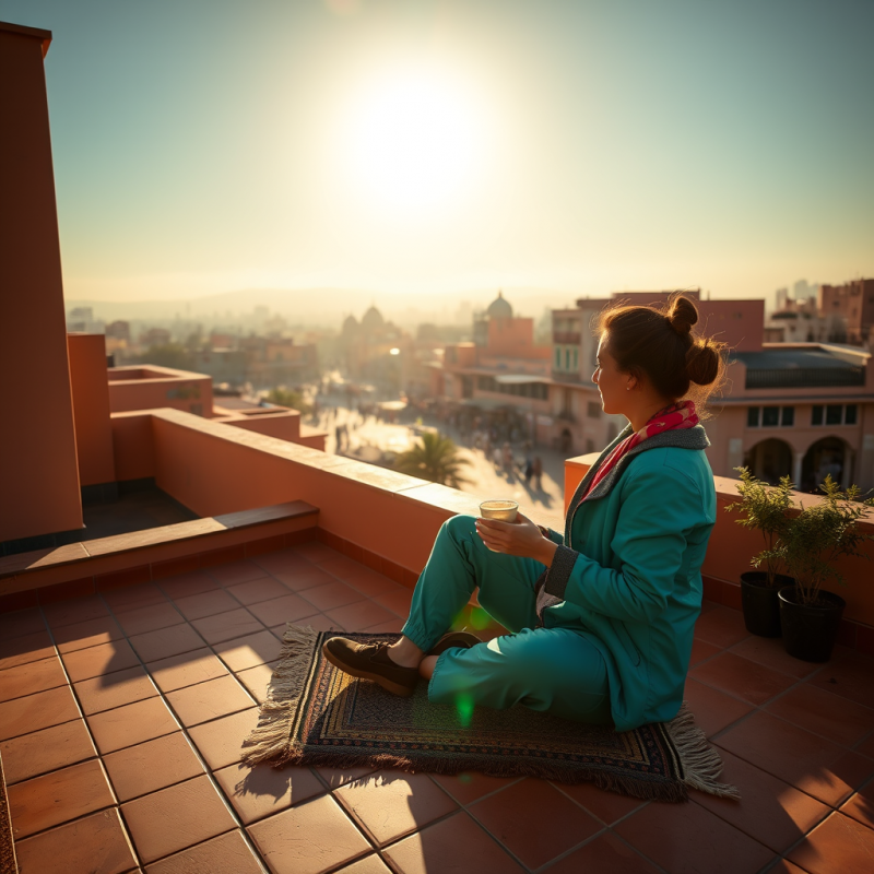 Lone Traveler in a Vibrant Turquoise Jacket Sits Cross-...