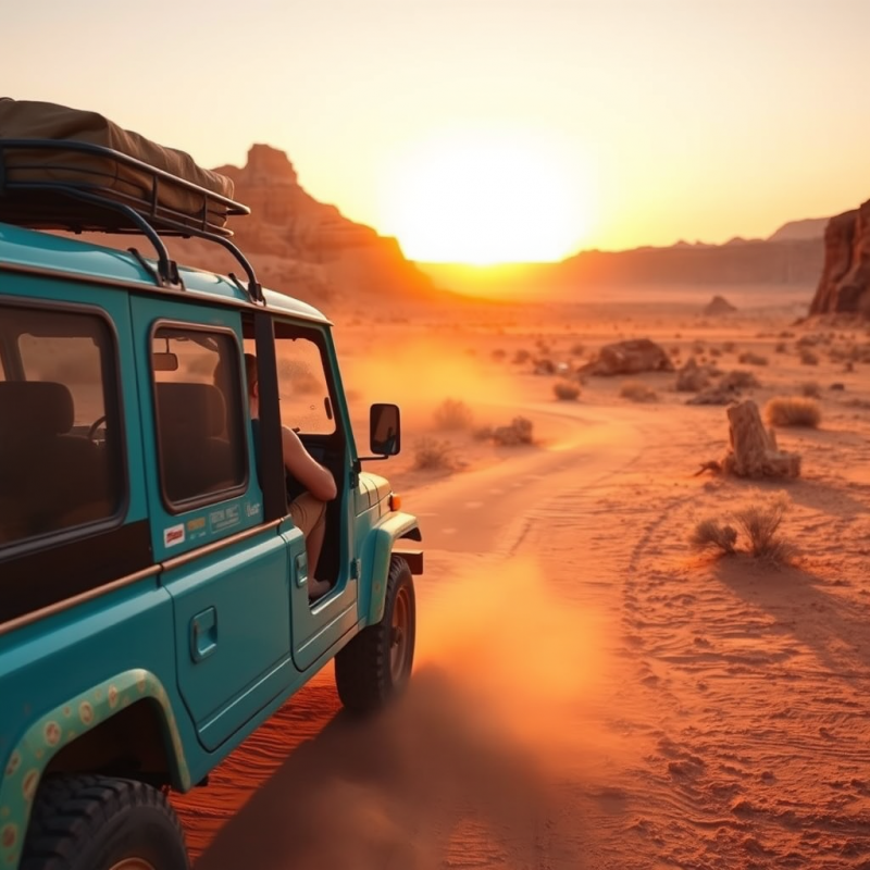 Lone Traveler in a Vibrant Turquoise Off-road Jeep