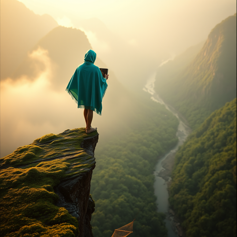 Lone Traveler in a Vibrant Turquoise Poncho Perches Pre...