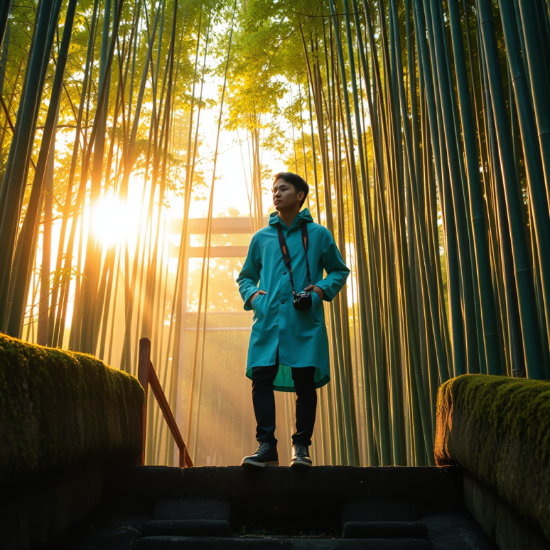 Lone Traveler in a Vibrant Turquoise Raincoat Stands On...