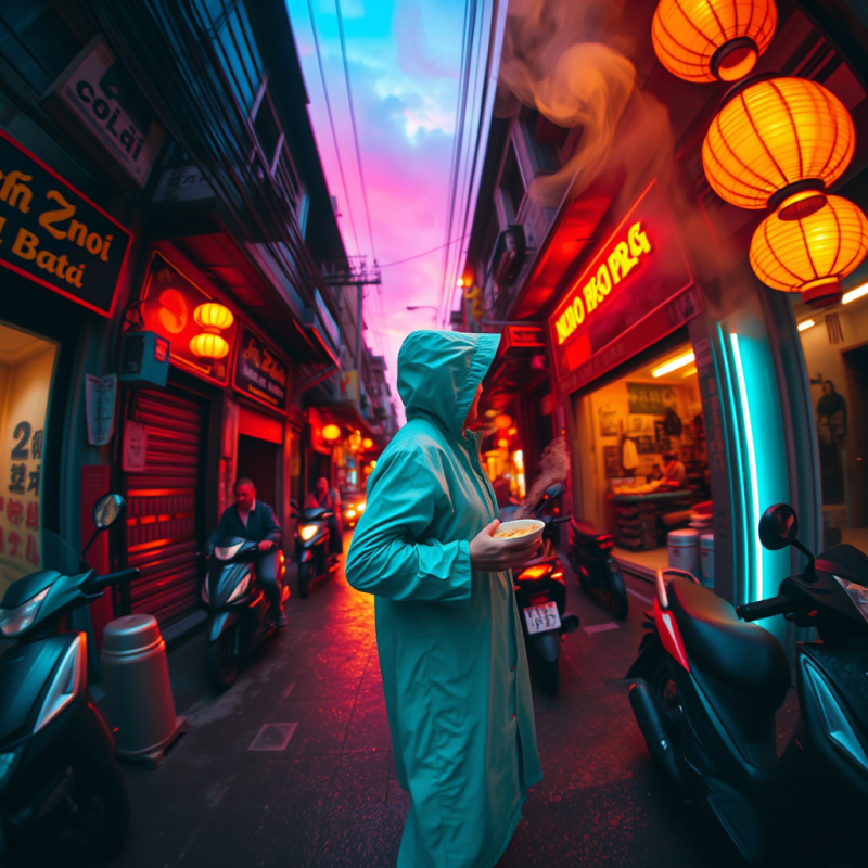 Lone Traveler in a Vibrant Turquoise Raincoat Winds Thr...