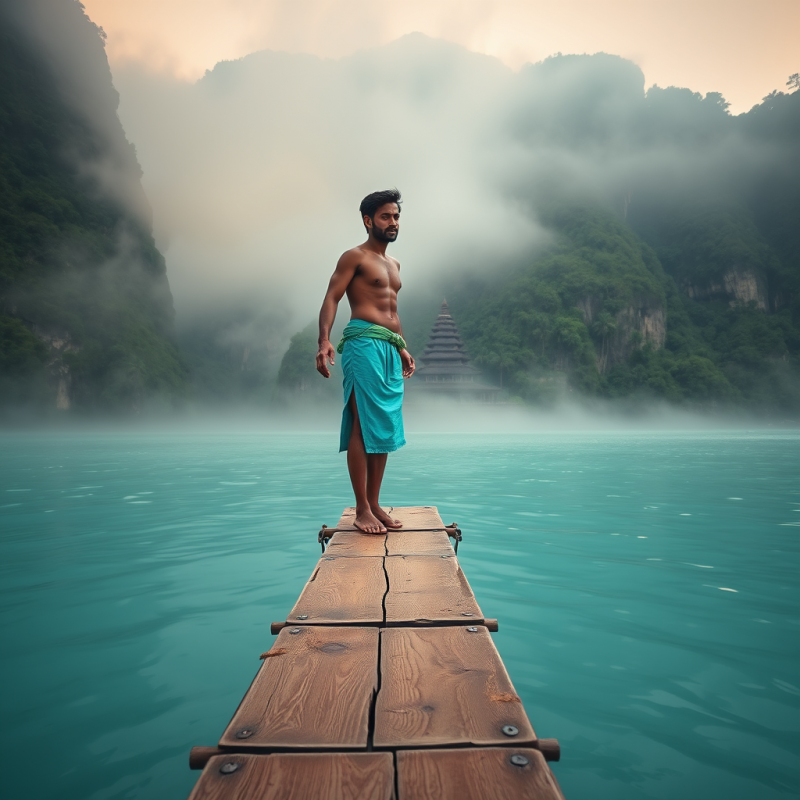 Lone Traveler in a Vibrant Turquoise Sarong Balances On...