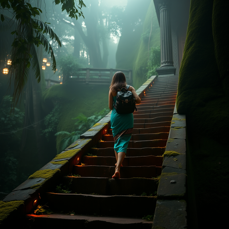 Lone Traveler in a Vibrant Turquoise Sarong Scales a Mo...