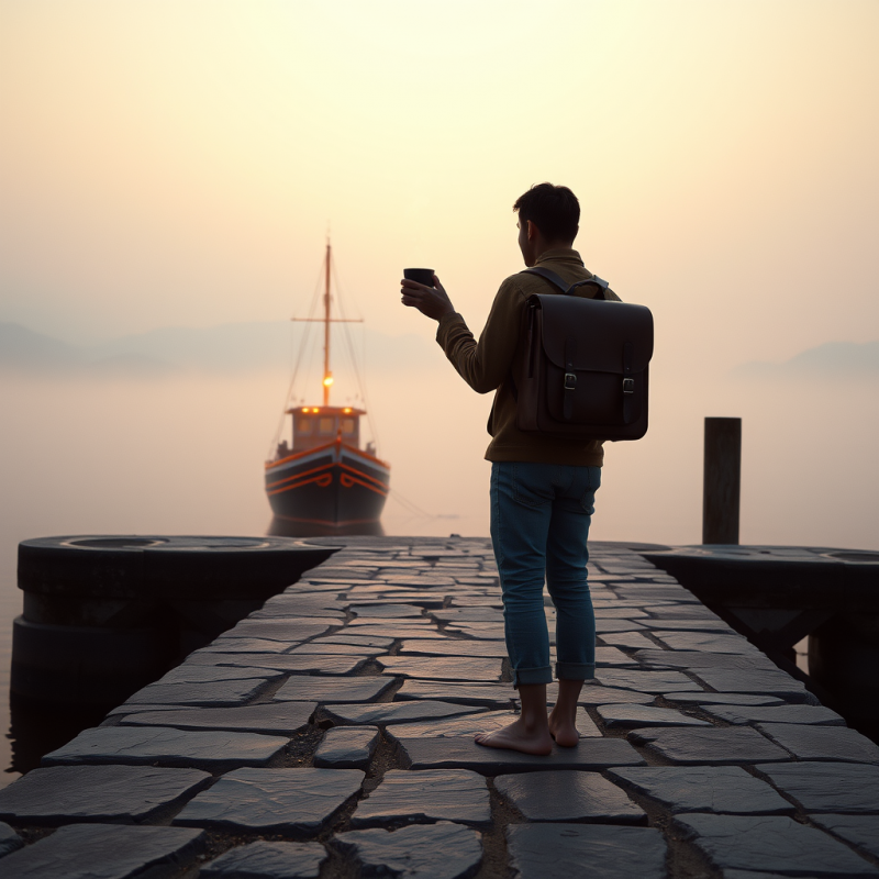 Lone Traveler in a Vintage 1950s Leather Satchel Stands...