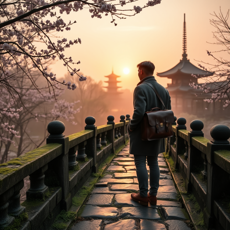 Lone Traveler in a Vintage 1950s Leather Satchel Stands...
