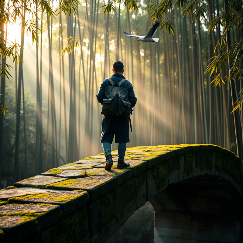Lone Traveler in a Vintage Indigo Trench Coat Stands At...