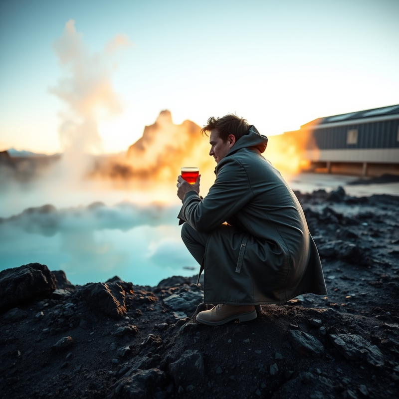 Lone Traveler in a Vintage Leather Trench Coat Crouches...