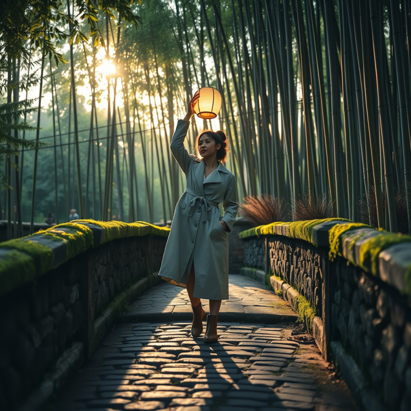 Lone Traveler in a Vintage Linen Trench Coat Stands Ato...