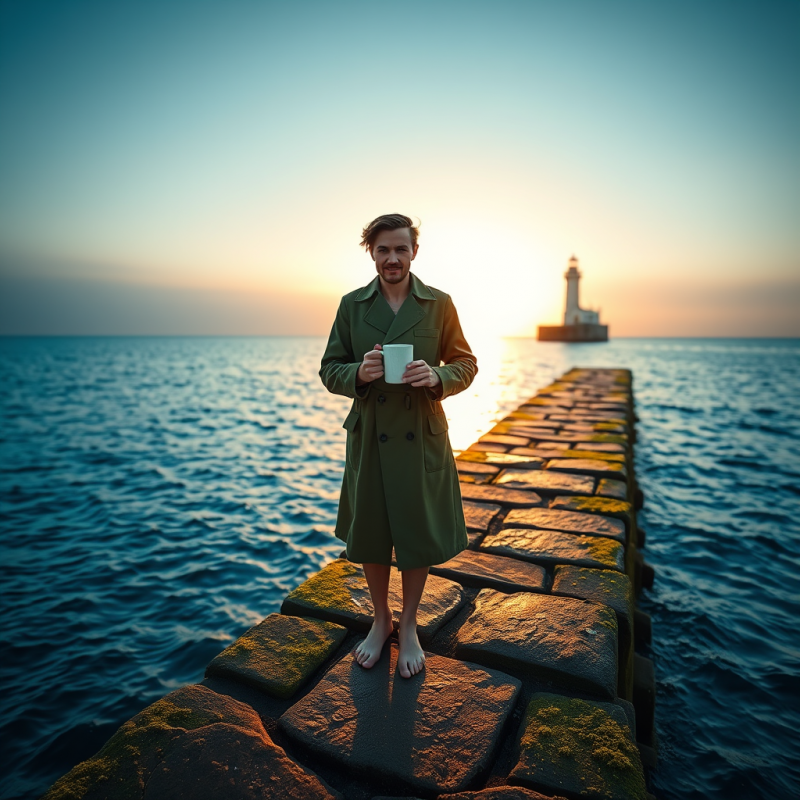 Lone Traveler in a Vintage Olive-green Trench Coat Stan...