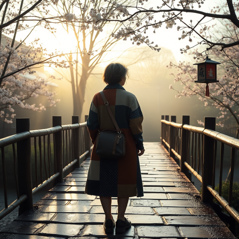 Woman in Traditional Attire on a Bridge