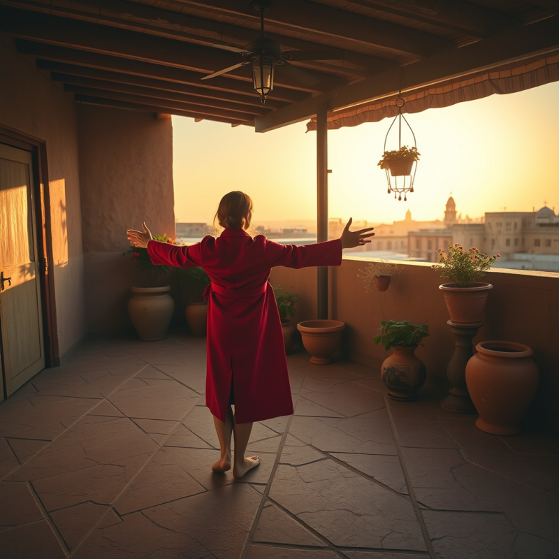 Lone Traveler in a Vintage Red Trench Coat Stands Baref...