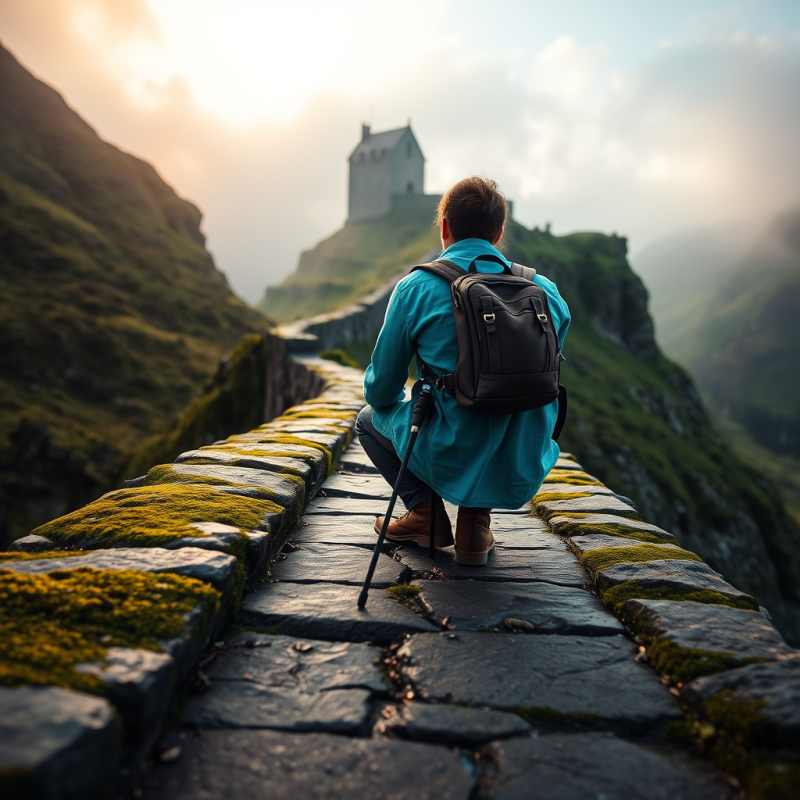 Lone Traveler in a Vintage Turquoise Linen Shirt Crouch...