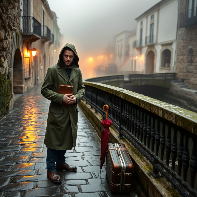Lone Traveler in a Weathered Olive-green Raincoat Stand...