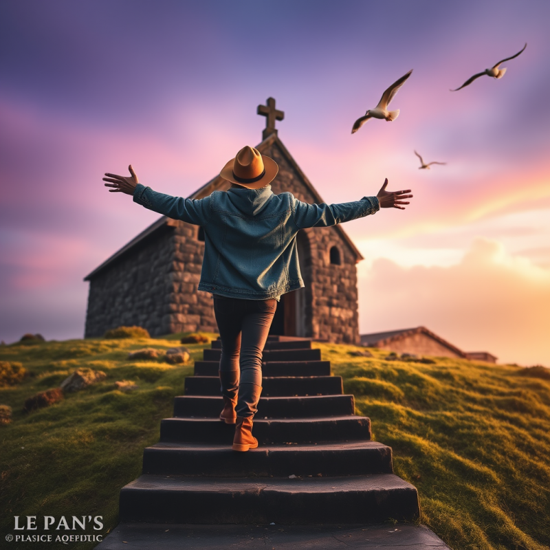 Lone Traveler in a Wide-brimmed Hat and Vintage Denim J...