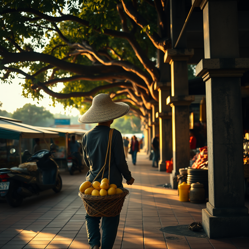 Lone Traveler in a Wide-brimmed Straw Hat Balances a Si...