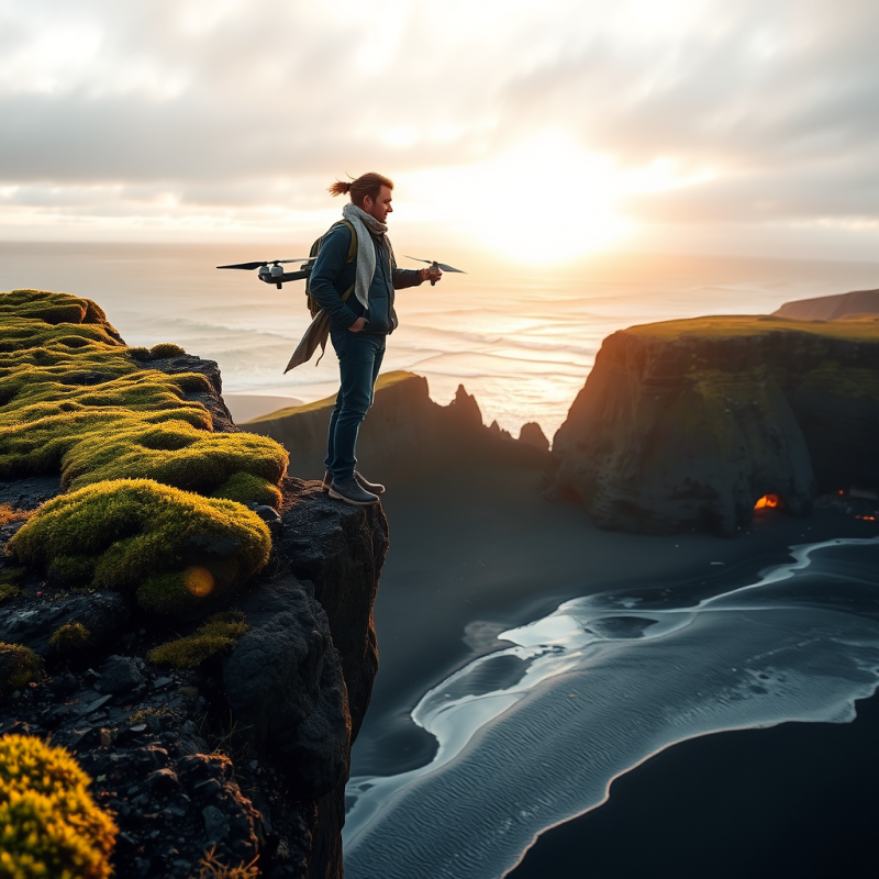 Lone Traveler Perched on the Edge of a Moss-covered Cli...
