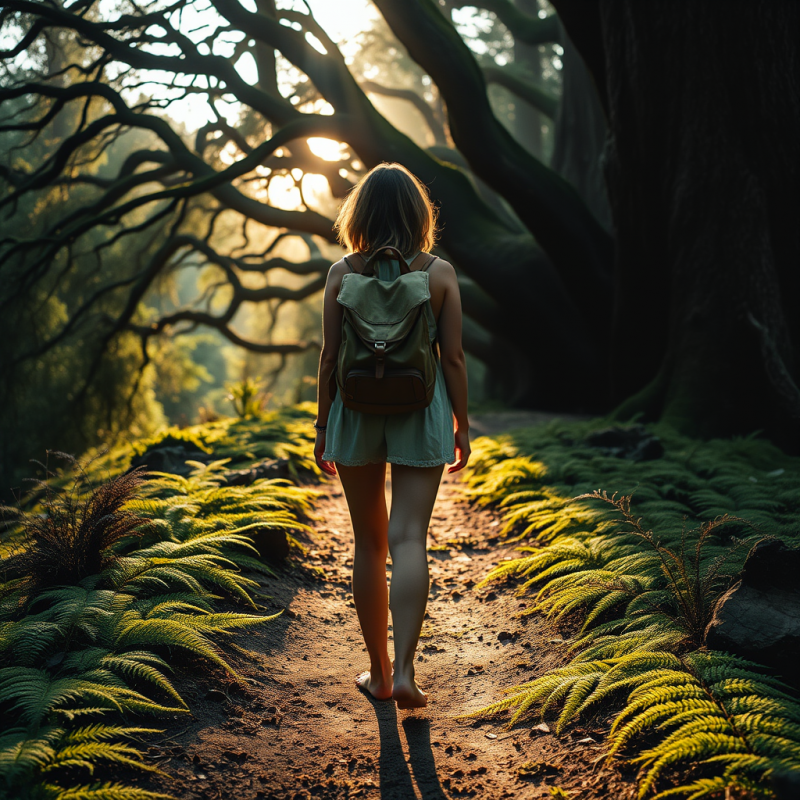 Lone Traveler Stands Barefoot on a Mossy Forest Trail A...