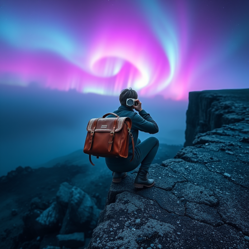 Lone Traveler with a Vintage Leather Satchel Crouches A...