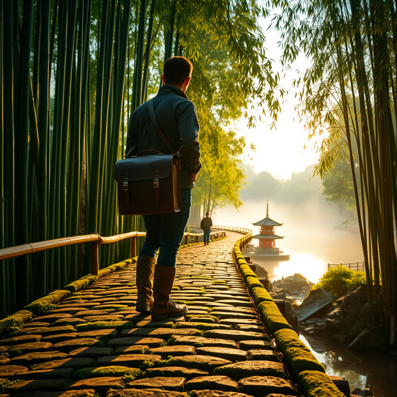 Lone Traveler with a Vintage Leather Satchel Stands on ...