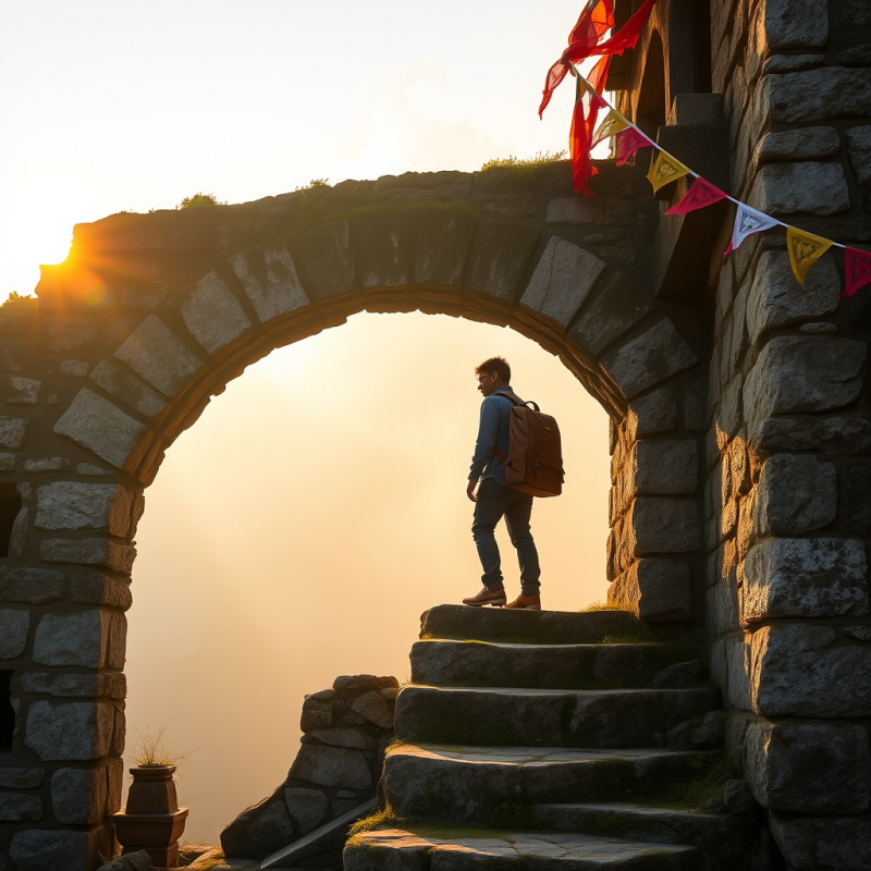 Lone Traveler with a Vintage Leather Satchel Stands Ato...
