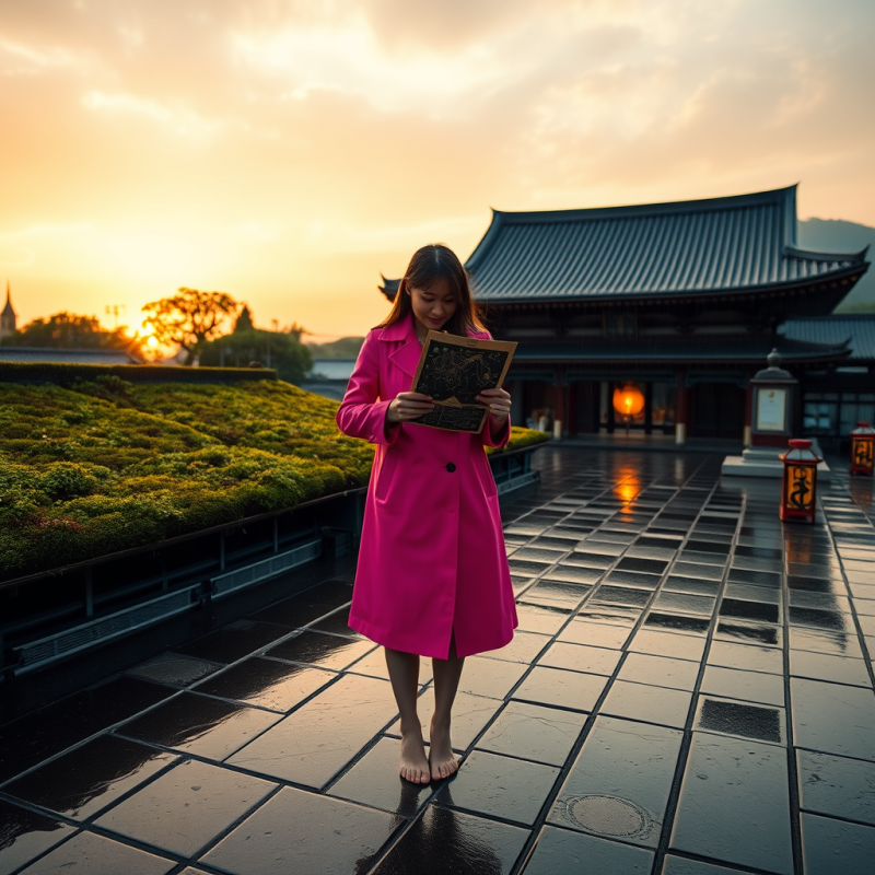 Lone Wanderer in a Neon-pink Trench Coat Stands Barefoo...