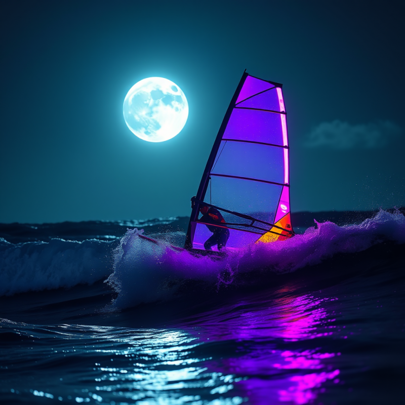 Lone Windsurfer Carved Through Midnight-blue Ocean Wave...