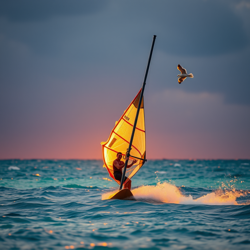 Lone Windsurfer Glides at Sunset Over Turquoise Waters