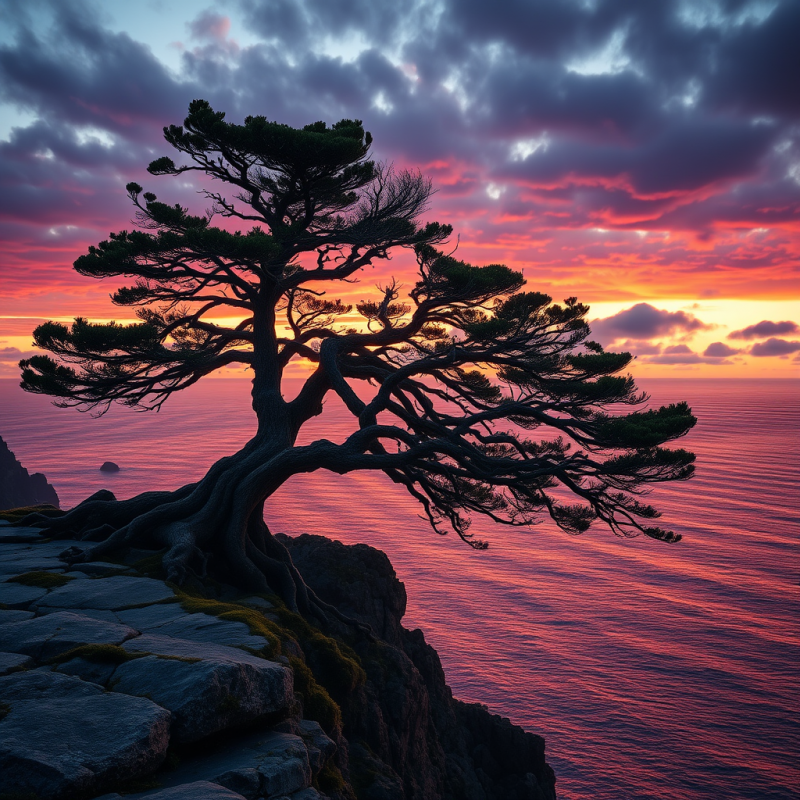 Lone, Windswept Pine Tree Stands Dramatically on a