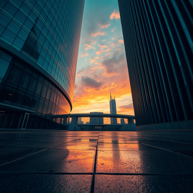 Low-angle Dawn Shot of a Futuristic Glass Skyscraper In...