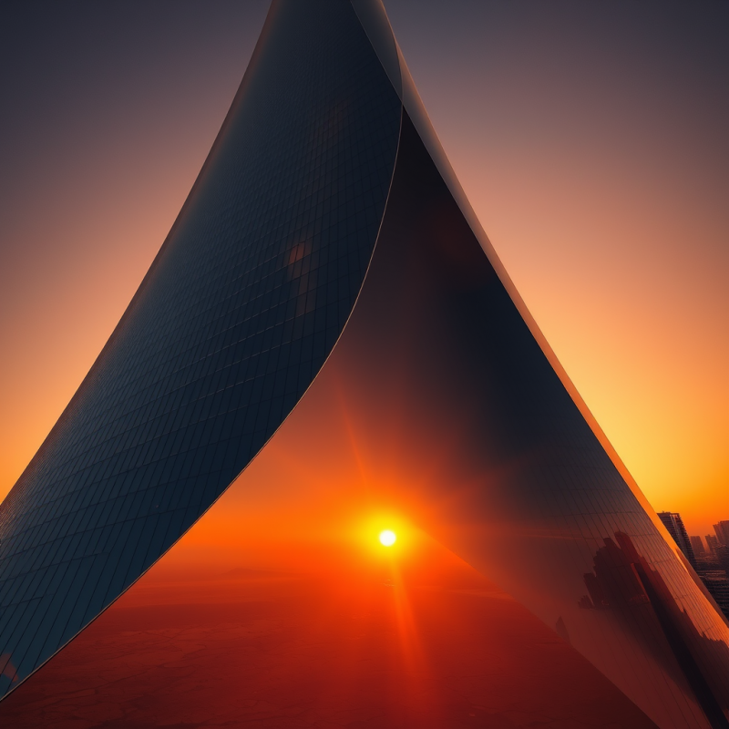 Low-angle Dawn Shot of a Spiraling Titanium-clad Skyscr...