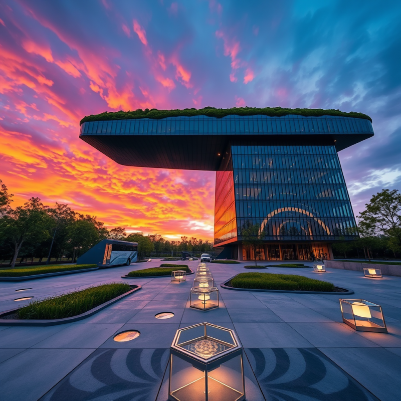 Low-angle Drone Shot at Dusk of a Sleek