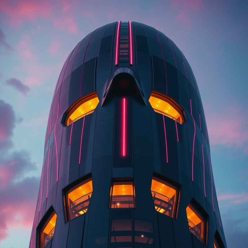 Low-angle Drone Shot at Twilight of a Futuristic Face-s...