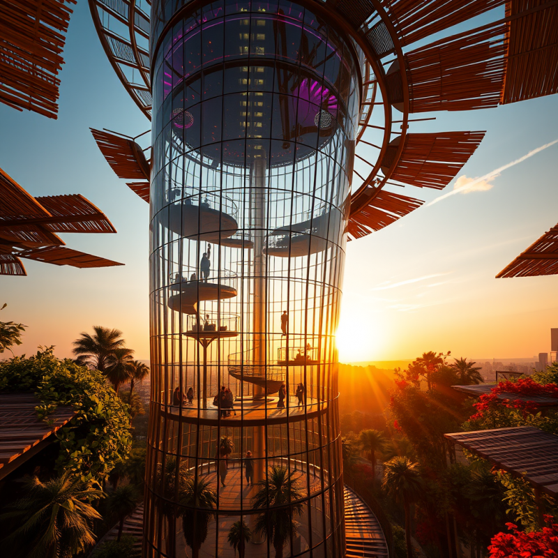 Low-angle Drone Shot of a Spiraling Bamboo-and-glass Ec...