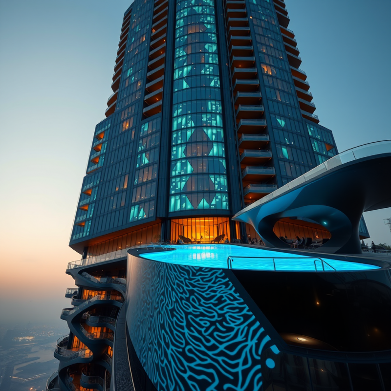 Low-angle Shot at Dawn of a Futuristic Skyscraper in Dubai