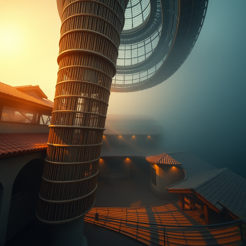 Low-angle Shot at Dawn of a Spiraling Bamboo-framed Eco...
