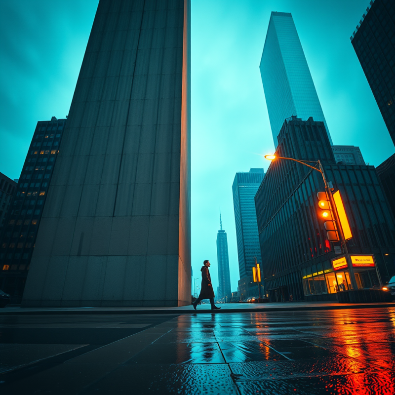 Low-angle Shot at Dusk of a Brutalist Concrete Monolith...