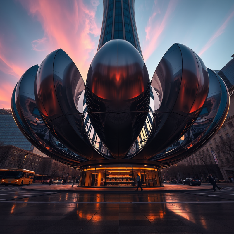 Low-angle Shot at Dusk of a Futuristic