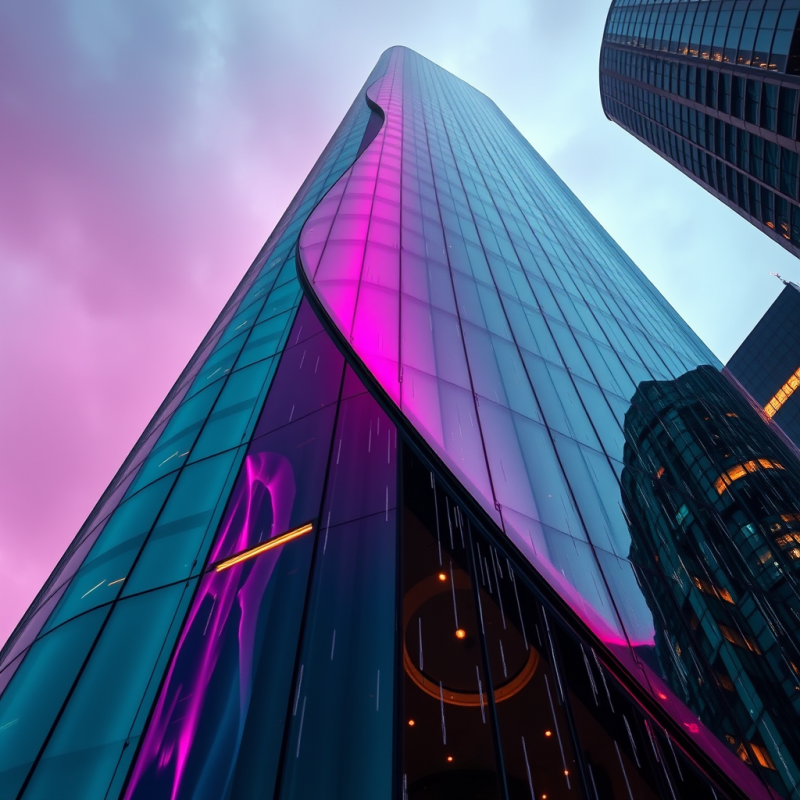 Low-angle Shot at Dusk of a Futuristic Skyscraper with ...