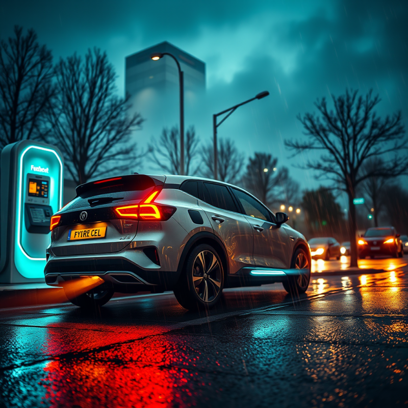Low-angle Shot at Dusk of a Neon-lit Hydrogen Fuel Cell...