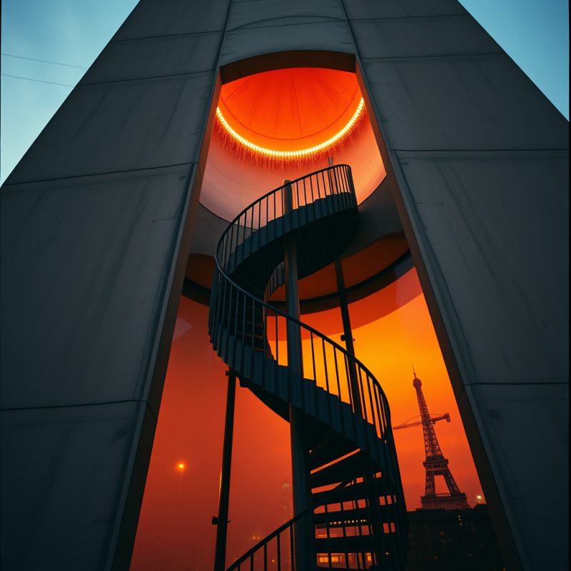 Low-angle Shot at Dusk of a Spiral Staircase Embedded I...