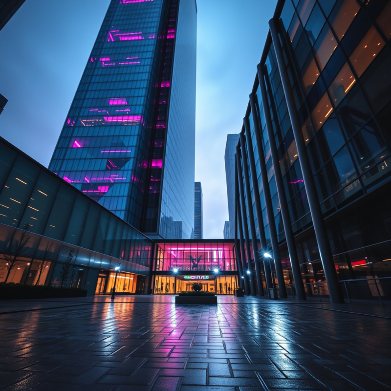 Low-angle Shot at Twilight of a Cantilevered Glass Skys...