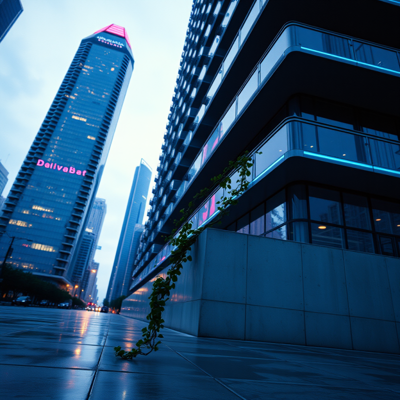 Low-angle Shot at Twilight of a Futuristic Skyscraper W...