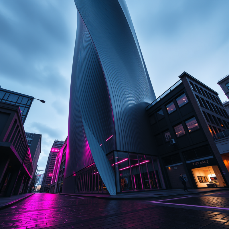 Low-angle Shot at Twilight of a Futuristic Skyscraper W...